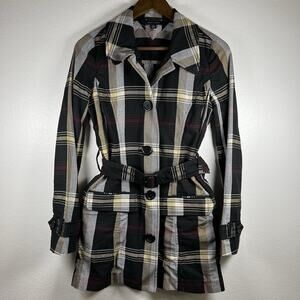 Tommy Hilfiger Flannel Plaid Belted Button-Down Cozy Plaid Jacket Trench Coat XS